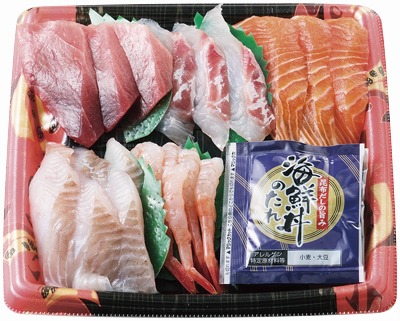 海鮮グルメ丼(ネタのみ・たれ付)〈本まぐろ・生サーモン・真だい・甘えび・まつかわ〉